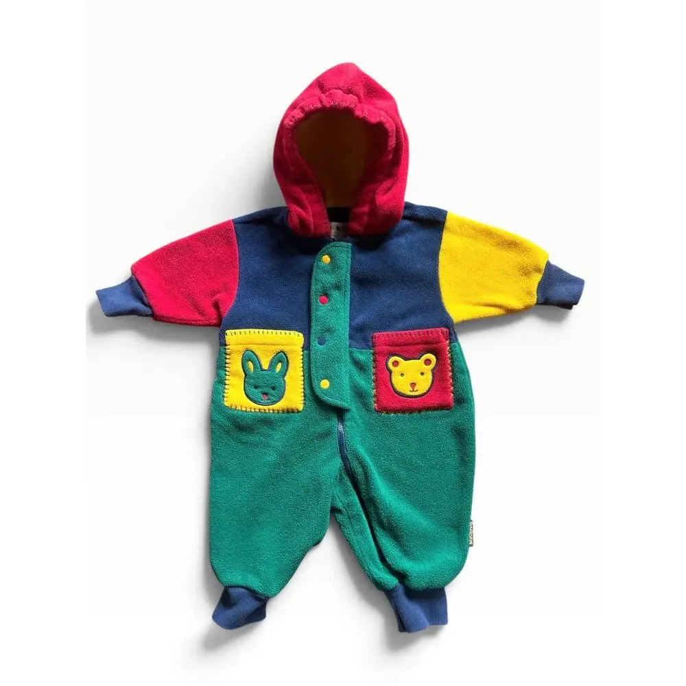 Vintage Gymboree Newborn Colorblock Fleece Hooded Snowsuit One Piece Baby